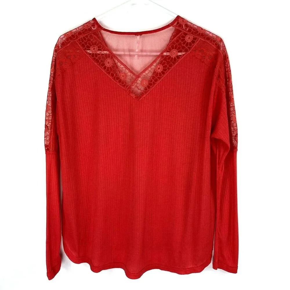 Free People Top Size XS Lola‎ Tee Embroidered Mesh Lace V Neck $78